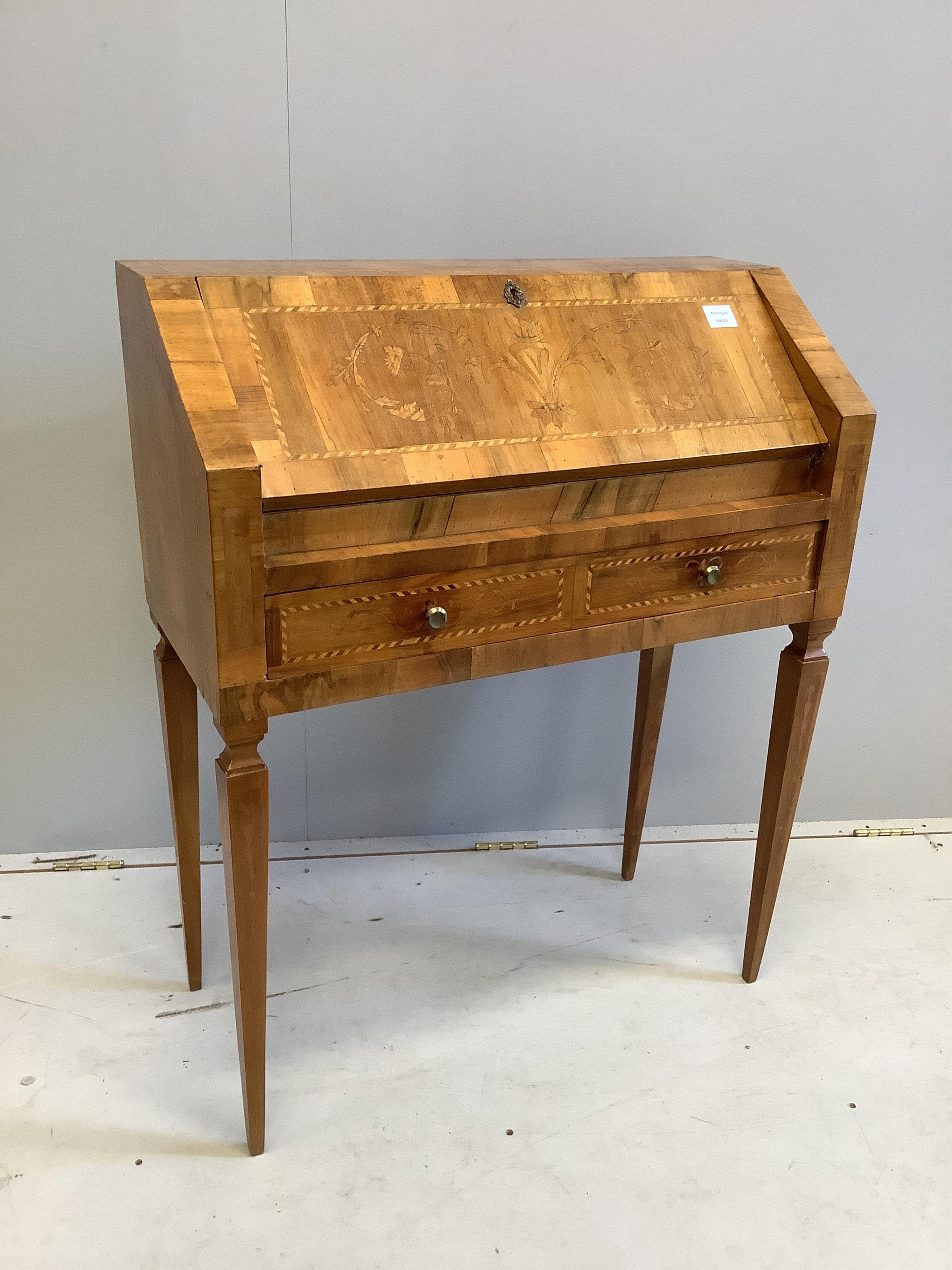 An Italian inlaid walnut and marquetry bureau, width 78cm, depth 36cm, height 97cm. Condition - good